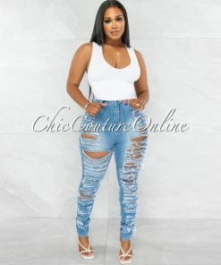 Vendor-unknown JUST IN Laurena Medium Denim All-Over Distressed Jeans