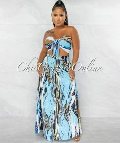 Chic Couture Online Rickie Blue Multi-Color Print Crop Top & Wide Pants Set