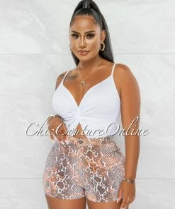 Chic Couture Online JUST IN Enaya White Brown Orange Snake Print Shorts