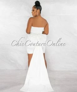 Chic Couture Online JUST IN Evans Off-White Shimmer Draped Back Bow Statement Mini Dress