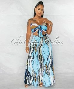 Chic Couture Online Rickie Blue Multi-Color Print Crop Top & Wide Pants Set