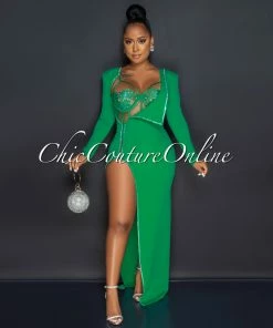 Chic Couture Online Marlinda Green Bodysuit Rhinestone Embellished Dress Set JUST IN