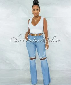 Vendor-unknown Denver Light Blue Denim Ripped Knees Bell Bottom Jeans