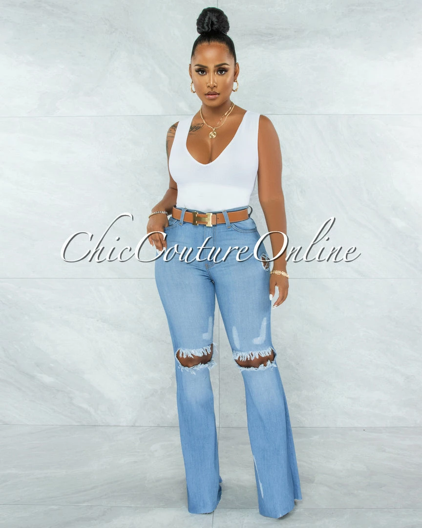 Vendor-unknown Denver Light Blue Denim Ripped Knees Bell Bottom Jeans