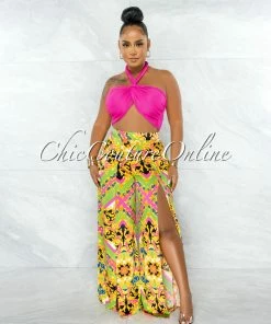 Chic Couture Online JUST IN Mangenia Pink Multi-Way Top & Blue Print Slit Pants Set