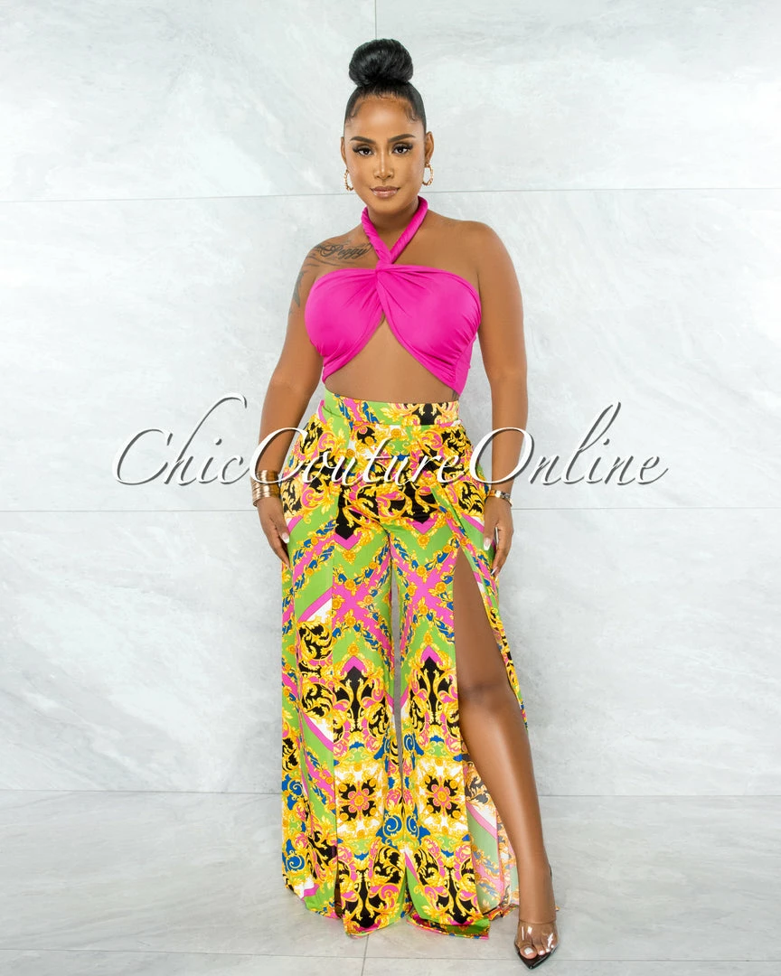 Chic Couture Online JUST IN Mangenia Pink Multi-Way Top & Blue Print Slit Pants Set