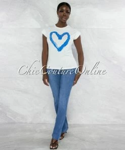 Vendor-unknown Farry White Blue Front Graphic Rhinestones T-Shirt JUST IN