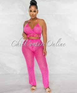 Chic Couture Online JUST IN Tessa Fuchsia Crochet Tassels Top & Pants Cover-Up Set