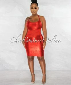 Chic Couture Online JUST IN Carmela Red Foil Mesh Details Bandage Dress