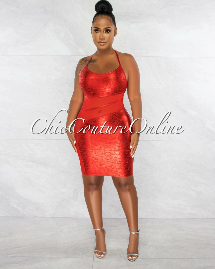 Chic Couture Online JUST IN Carmela Red Foil Mesh Details Bandage Dress