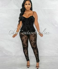 Vendor-unknown Frisada Black Rose Velvet Texture Mesh Jumpsuit JUST IN