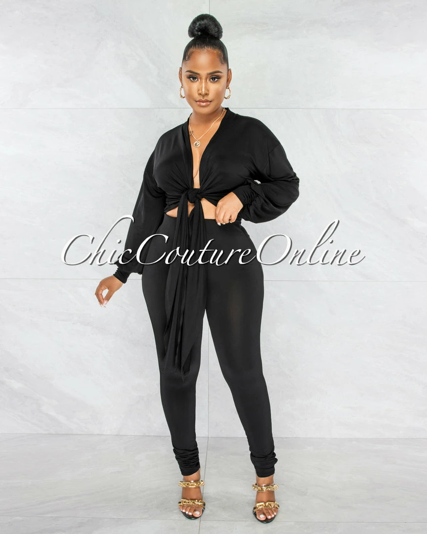 Chic Couture Online Sophia Black Front Tie Top & Leggings Set