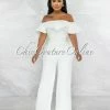 Vendor-unknown JUST IN Basler Off-White Denim Ruffle Off-The Shoulder Jumpsuit
