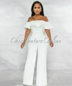 Vendor-unknown JUST IN Basler Off-White Denim Ruffle Off-The Shoulder Jumpsuit