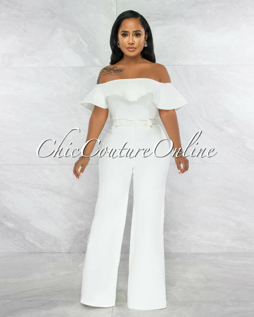Vendor-unknown JUST IN Basler Off-White Denim Ruffle Off-The Shoulder Jumpsuit