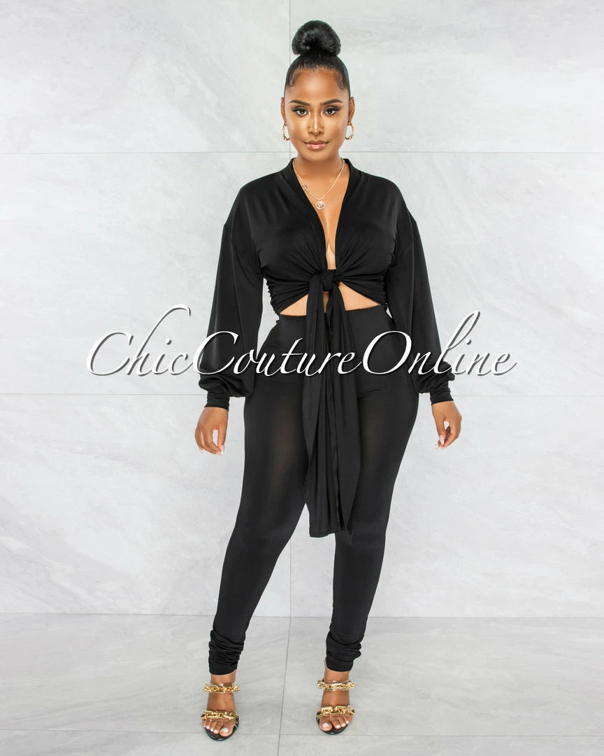 Chic Couture Online Sophia Black Front Tie Top & Leggings Set