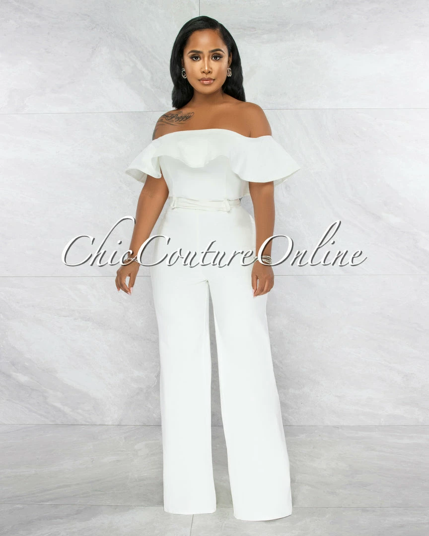 Vendor-unknown JUST IN Basler Off-White Denim Ruffle Off-The Shoulder Jumpsuit