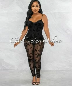 Vendor-unknown Frisada Black Rose Velvet Texture Mesh Jumpsuit JUST IN