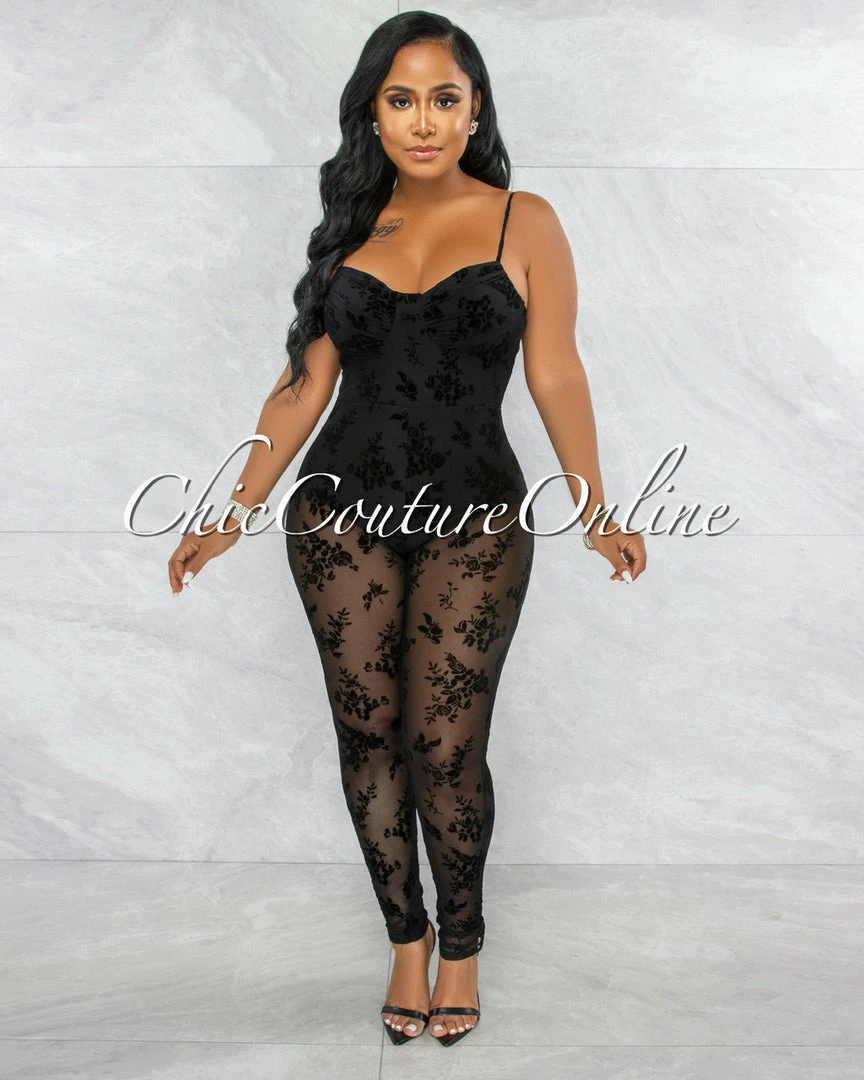 Vendor-unknown Frisada Black Rose Velvet Texture Mesh Jumpsuit JUST IN