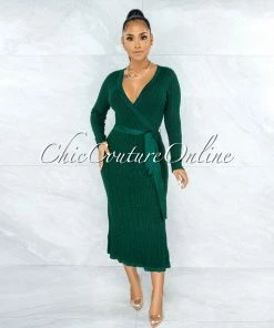 Vendor-unknown Gaelle Hunter Green Shimmer Knit Flare Bottom Wrap Dress