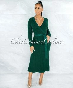 Vendor-unknown Gaelle Hunter Green Shimmer Knit Flare Bottom Wrap Dress