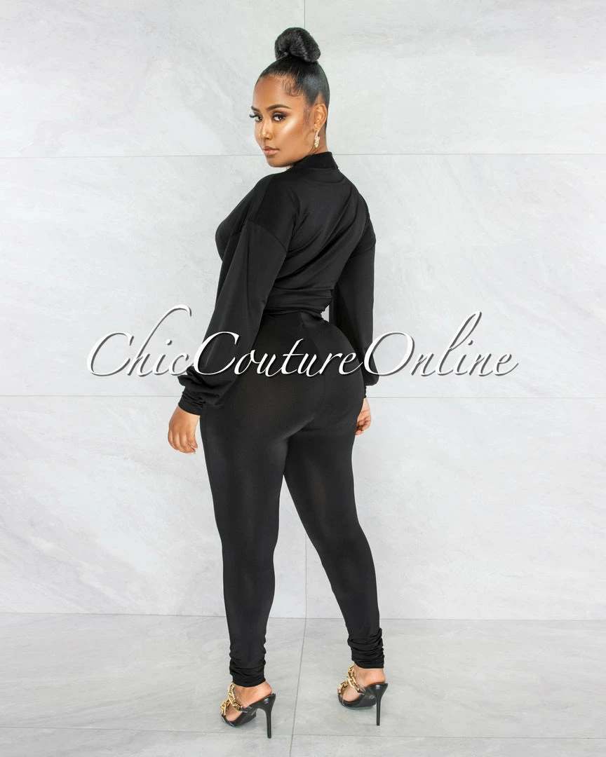 Chic Couture Online Sophia Black Front Tie Top & Leggings Set