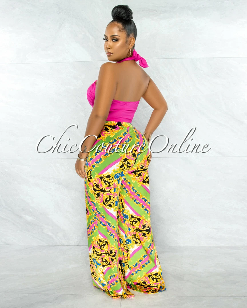 Chic Couture Online JUST IN Mangenia Pink Multi-Way Top & Blue Print Slit Pants Set