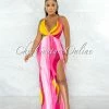 Chic Couture Online JUST IN Peddy Fuchsia Yellow Print Back Tie Maxi Dress