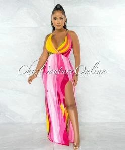 Chic Couture Online JUST IN Peddy Fuchsia Yellow Print Back Tie Maxi Dress