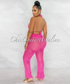 Chic Couture Online JUST IN Tessa Fuchsia Crochet Tassels Top & Pants Cover-Up Set