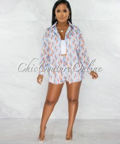 Chic Couture Online Tameka Baby Blue Orange Print Shirt & Flutter Mini Shorts Set