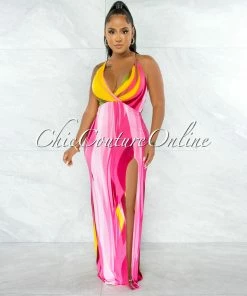 Chic Couture Online JUST IN Peddy Fuchsia Yellow Print Back Tie Maxi Dress