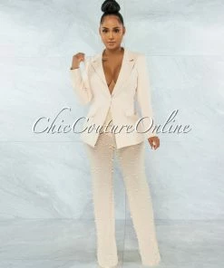 Vendor-unknown Alicia Nude Blazer & Mesh Pearl Pants Set