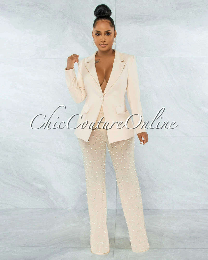 Vendor-unknown Alicia Nude Blazer & Mesh Pearl Pants Set
