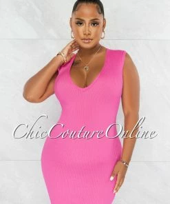 Chic Couture Online Chandler Hot Pink Deep V Neck Ribbed Dress JUST IN