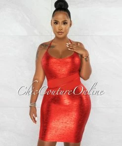 Chic Couture Online JUST IN Carmela Red Foil Mesh Details Bandage Dress