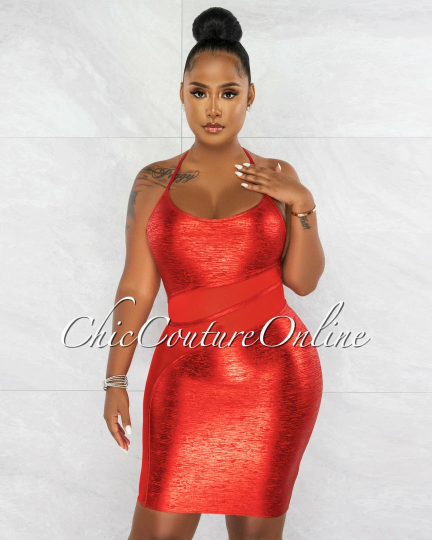 Chic Couture Online JUST IN Carmela Red Foil Mesh Details Bandage Dress