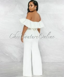 Vendor-unknown JUST IN Basler Off-White Denim Ruffle Off-The Shoulder Jumpsuit