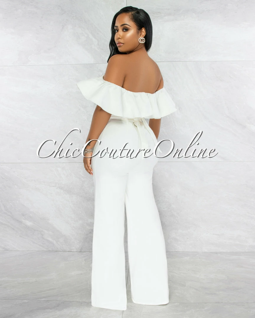 Vendor-unknown JUST IN Basler Off-White Denim Ruffle Off-The Shoulder Jumpsuit