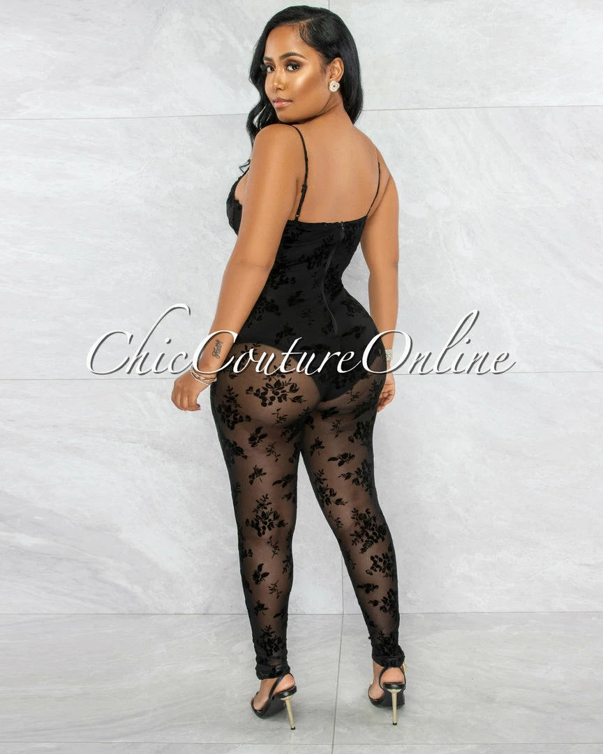Vendor-unknown Frisada Black Rose Velvet Texture Mesh Jumpsuit JUST IN