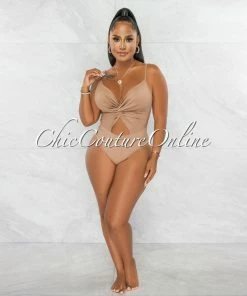 Chic Couture Online Viper Mocha Front Knot Key-Hole Ribbed Bodysuit JUST IN