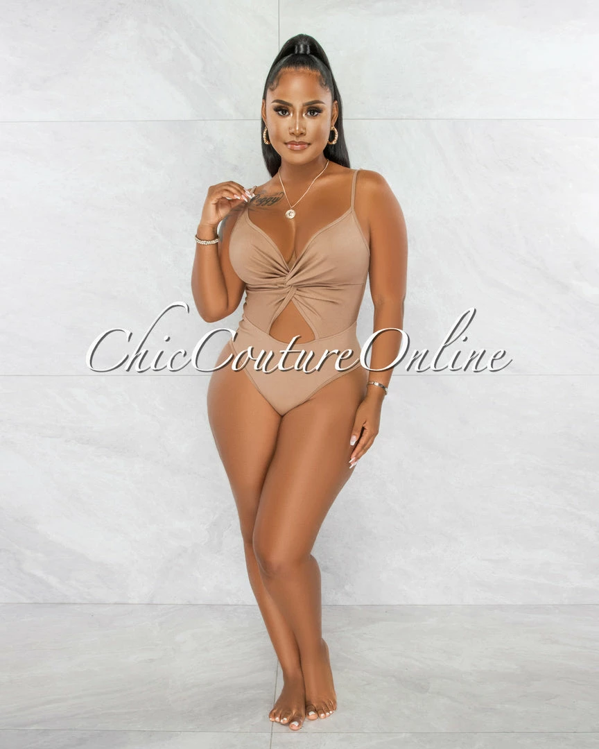 Chic Couture Online Viper Mocha Front Knot Key-Hole Ribbed Bodysuit JUST IN