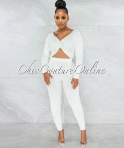 Vendor-unknown Iker Off-White Ribbed Knotted Top & Leggings Set