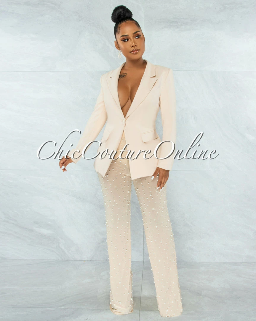Vendor-unknown Alicia Nude Blazer & Mesh Pearl Pants Set