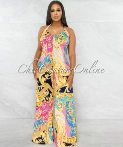 Vendor-unknown Semada Multi-Color Print Halter Wide Jumpsuit