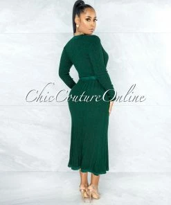 Vendor-unknown Gaelle Hunter Green Shimmer Knit Flare Bottom Wrap Dress