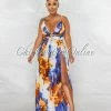 Chic Couture Online JUST IN Selima White Blue Yellow Print High Slits Maxi Dress