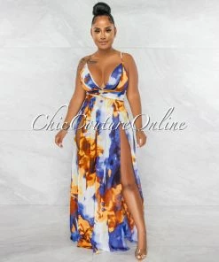 Chic Couture Online JUST IN Selima White Blue Yellow Print High Slits Maxi Dress