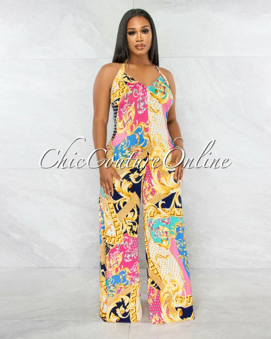 Vendor-unknown Semada Multi-Color Print Halter Wide Jumpsuit