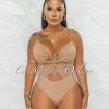 Chic Couture Online Viper Mocha Front Knot Key-Hole Ribbed Bodysuit JUST IN